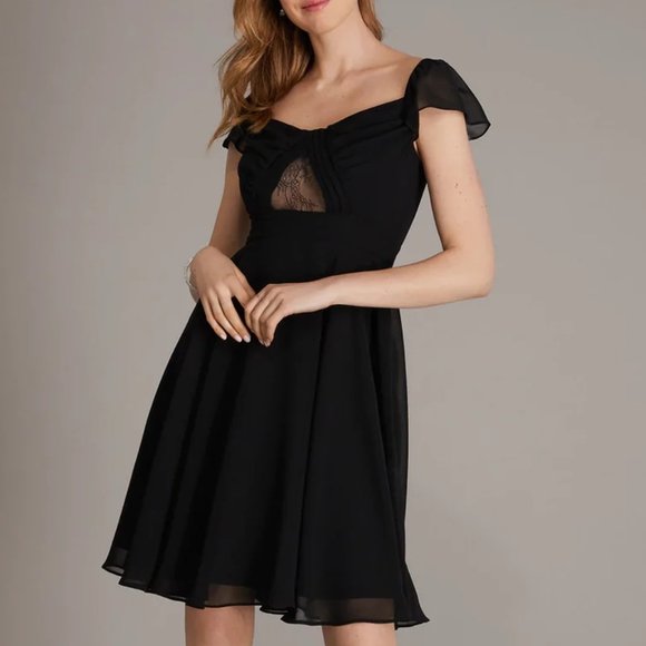 Chiffon Fit & Flare Knee Length Dress With Lace Front Cutout - Picture 1 of 6